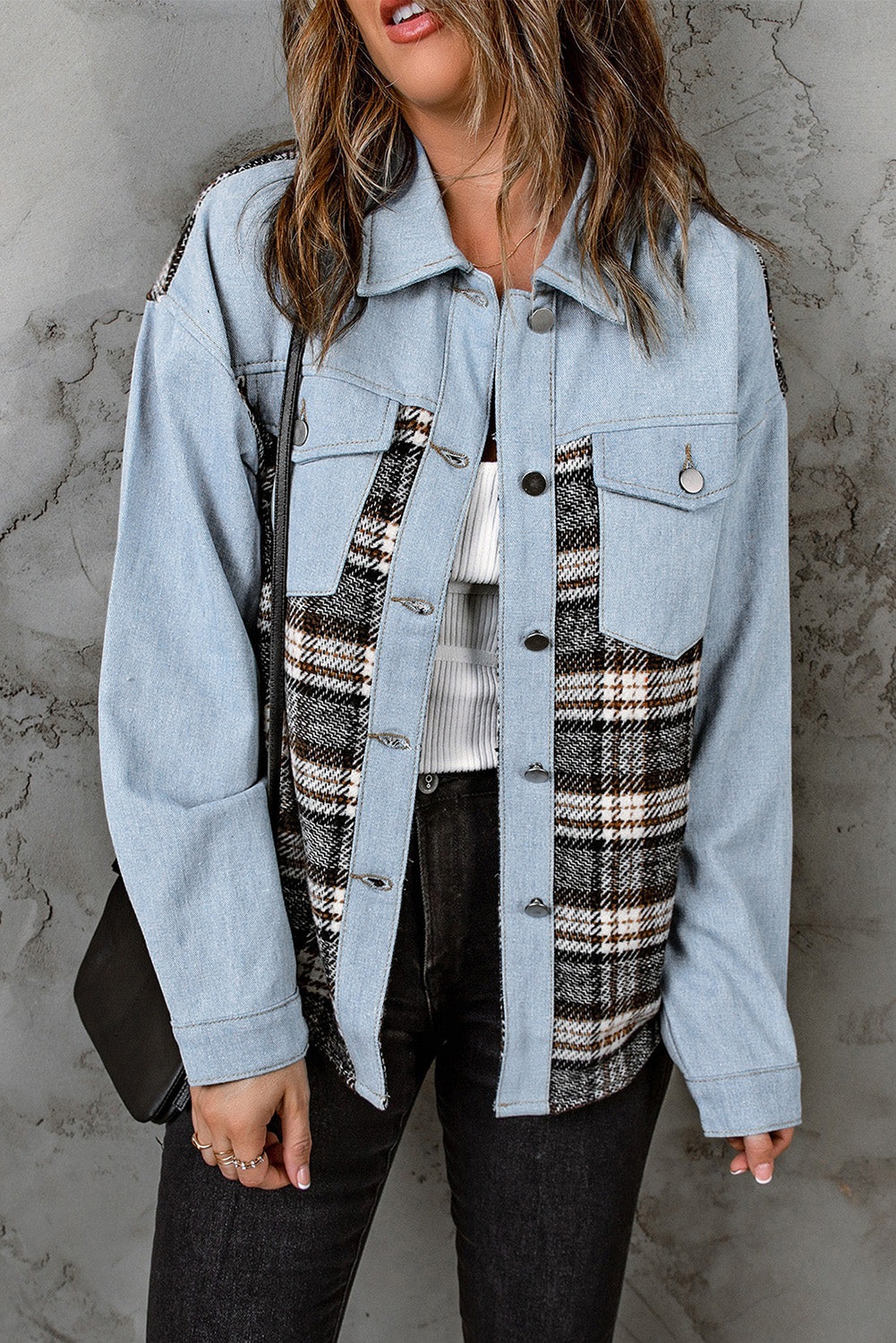 Plaid Button Up Denim Jacket