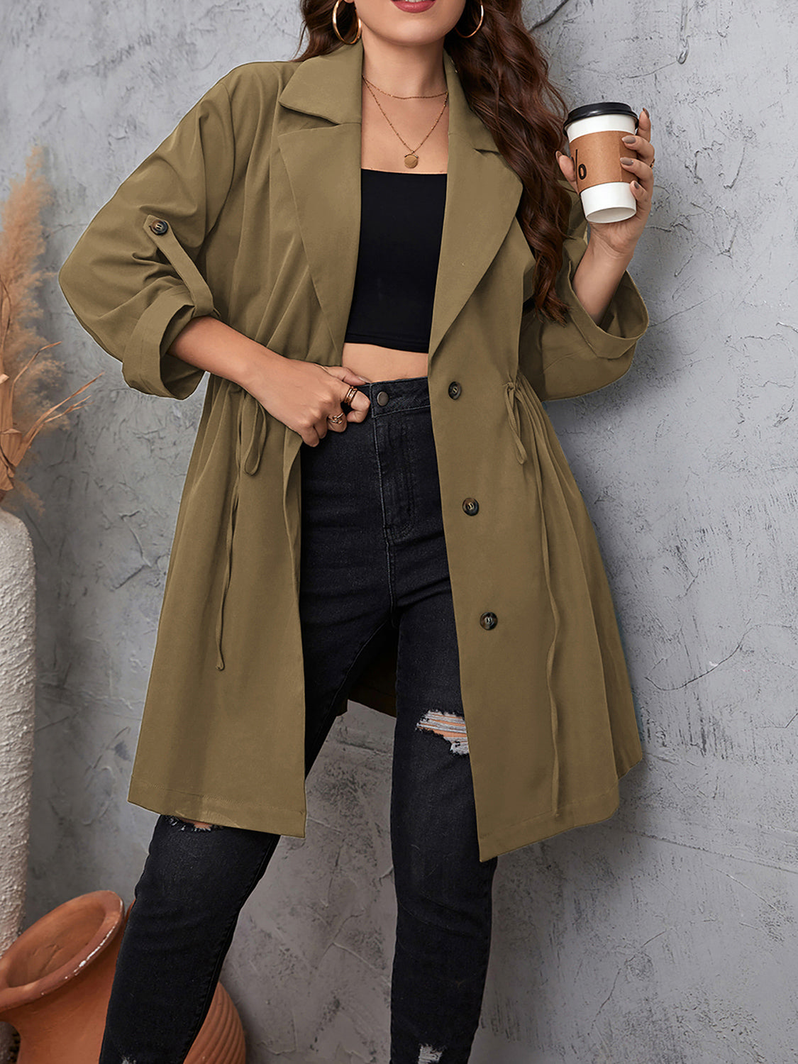 Roll-Tab Sleeve Trench Coat