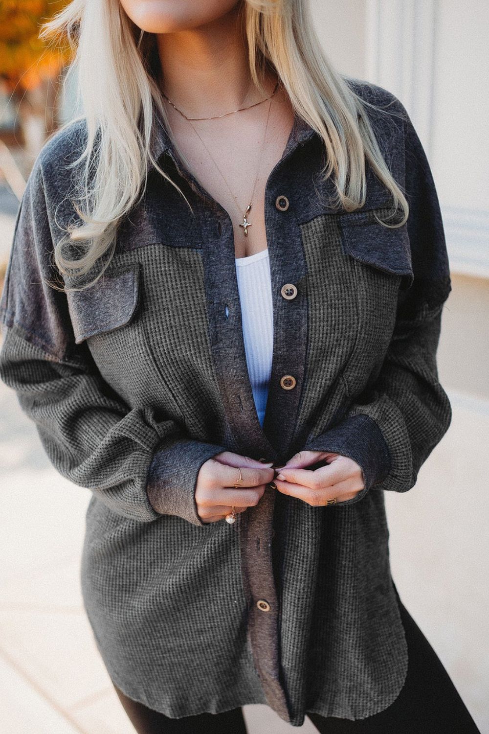 Waffle Knit Button Up Jacket