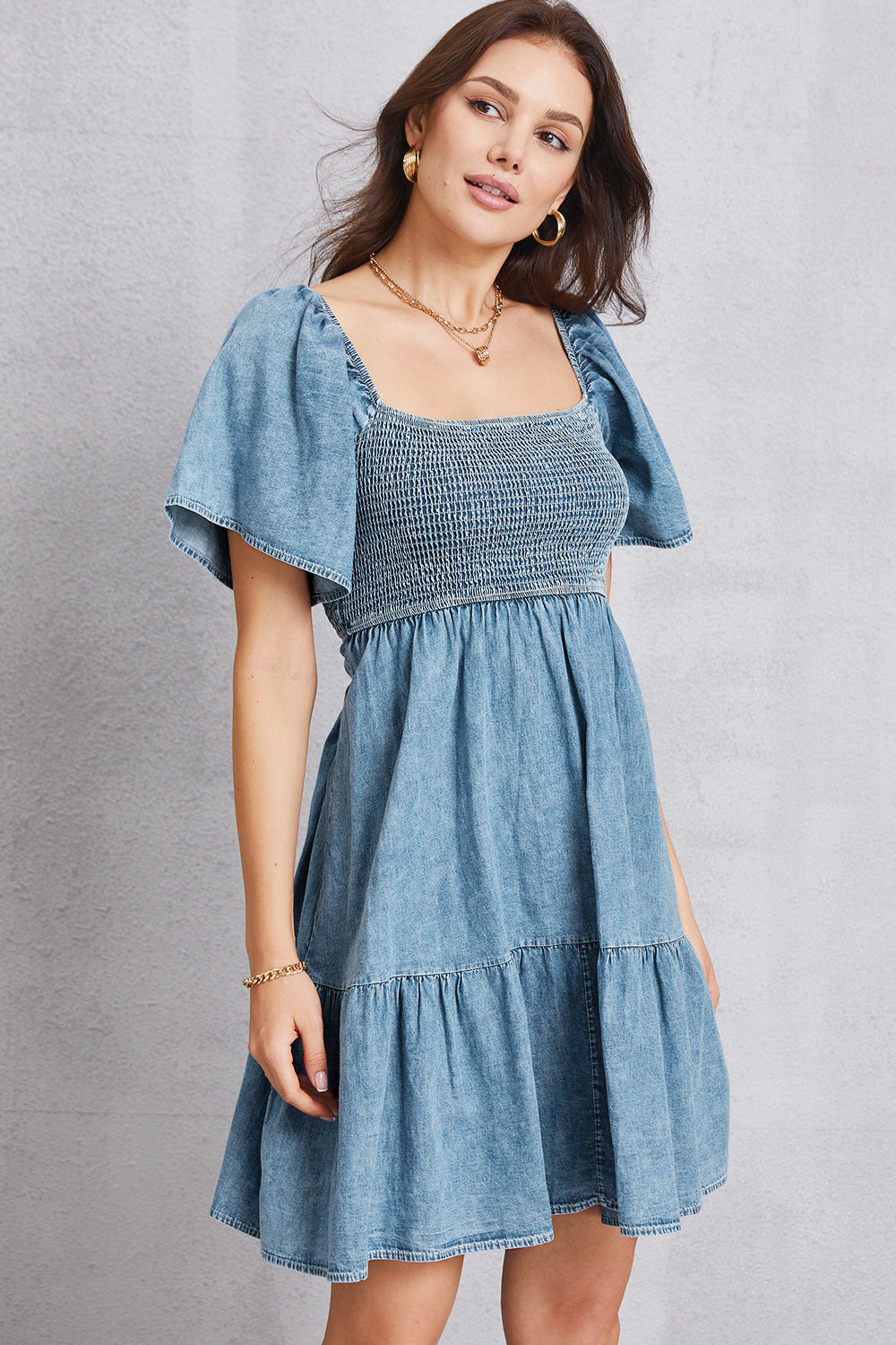 Square Neck Mini Denim Dress