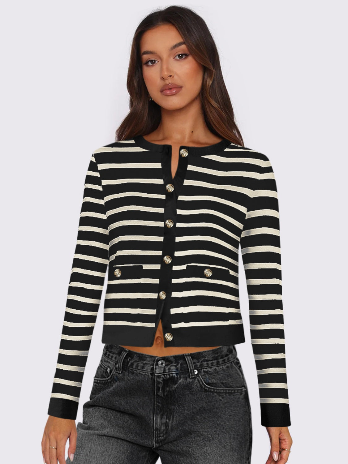 Striped Round Neck Button Up Cardigan