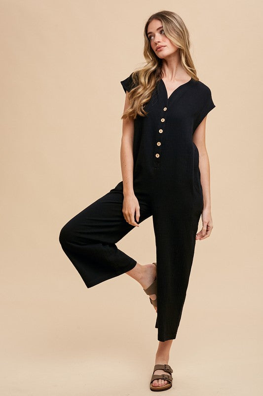 Button Detail Wide Leg Jumpsuit with Pockets