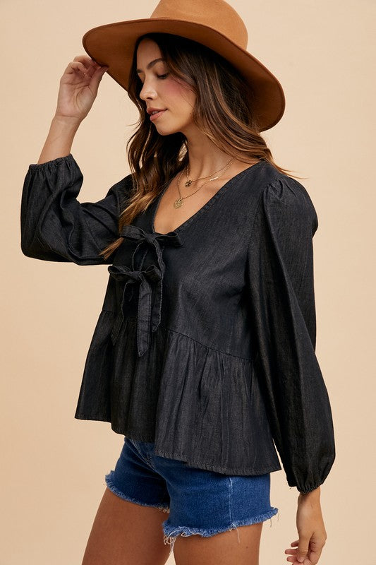 Tie Front Peplum Denim Top