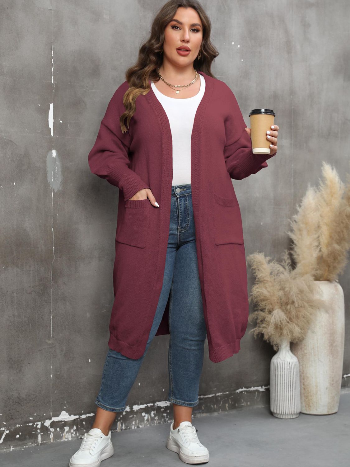 Plus Size Pocketed Cardigan