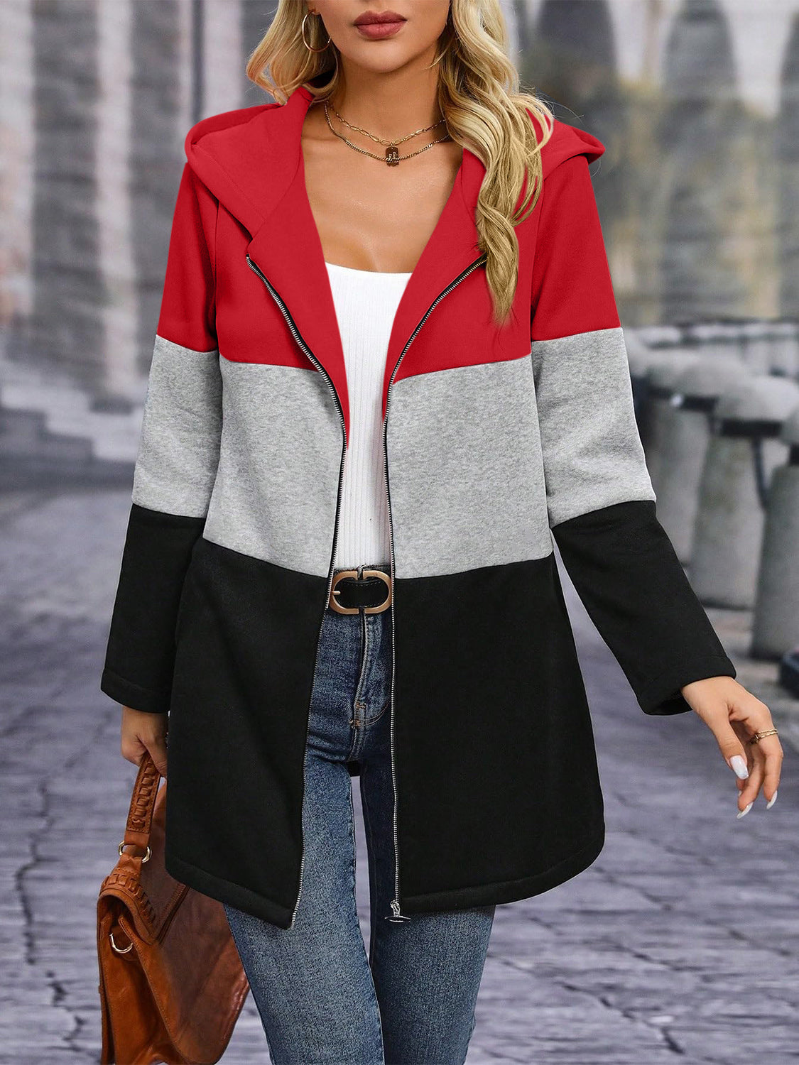 Color Block Zip Up Hooded Outerwear