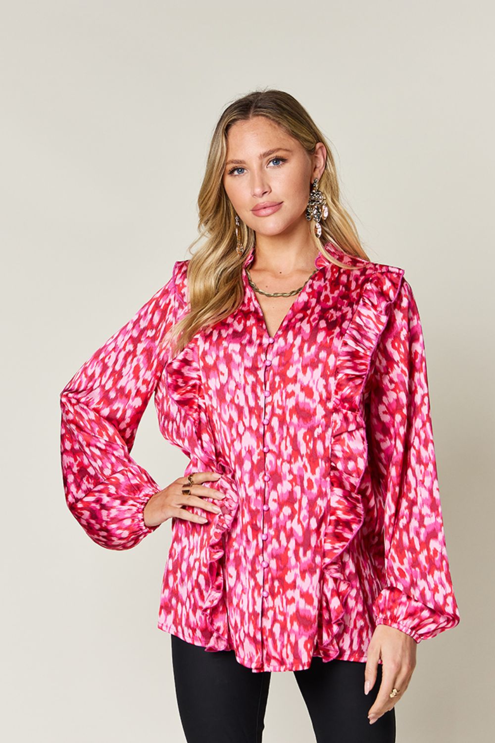 Ruffle Trim Balloon Sleeve Shirt