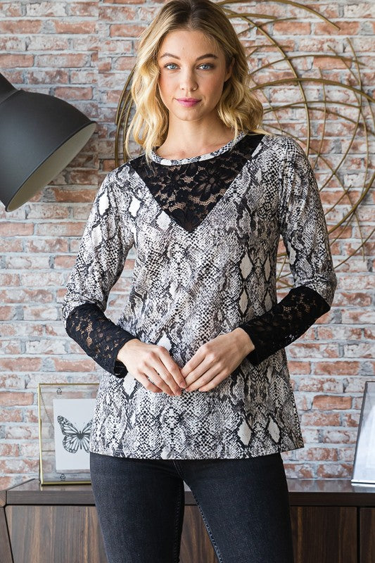 Snakeskin Lace Contrast Top