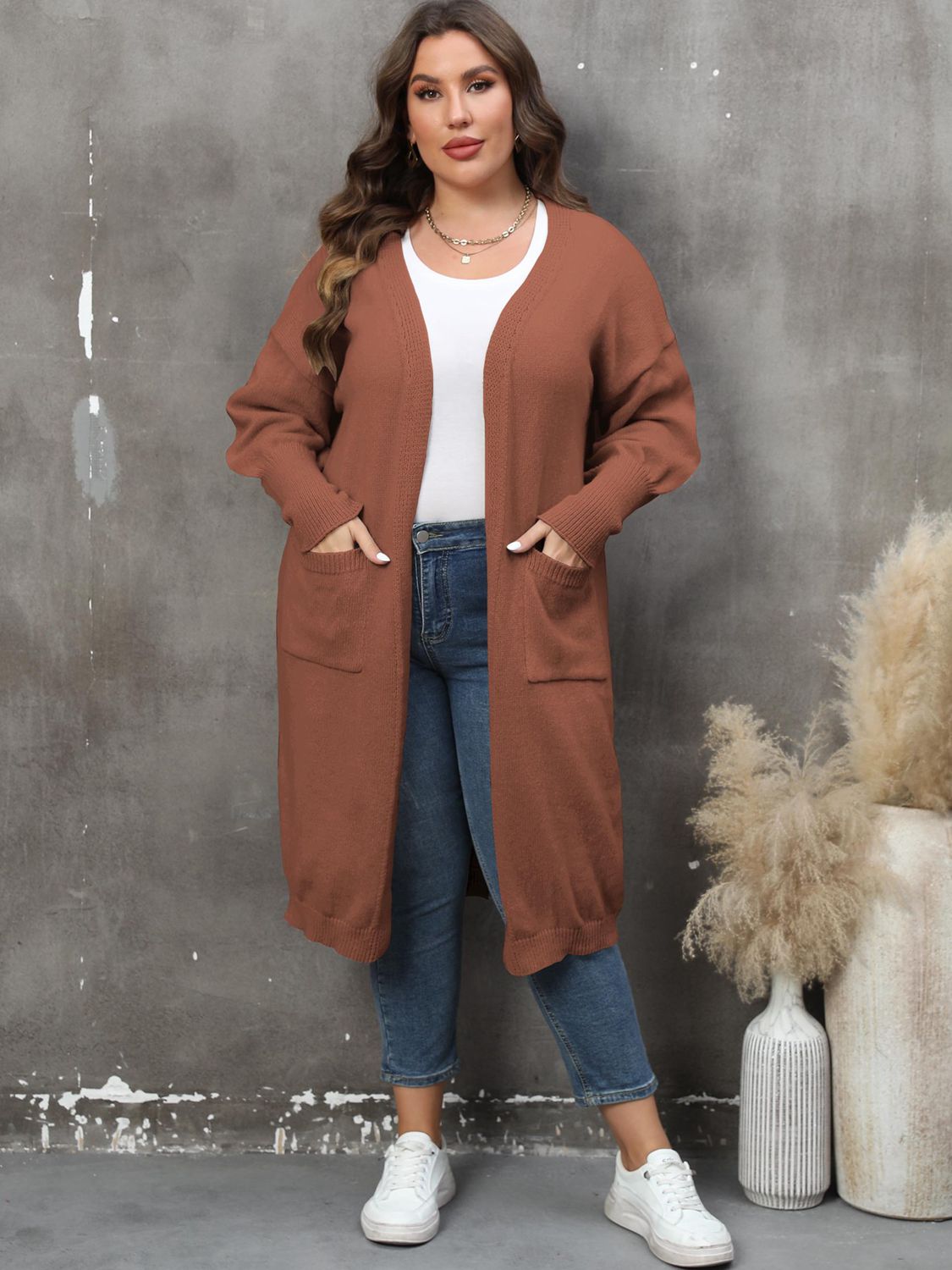 Plus Size Pocketed Cardigan