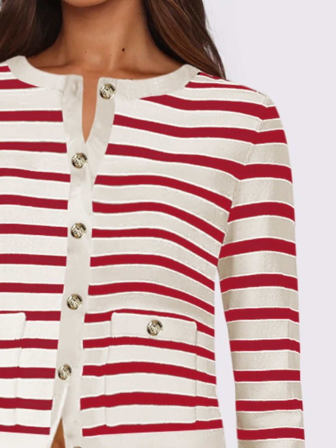 Striped Round Neck Button Up Cardigan