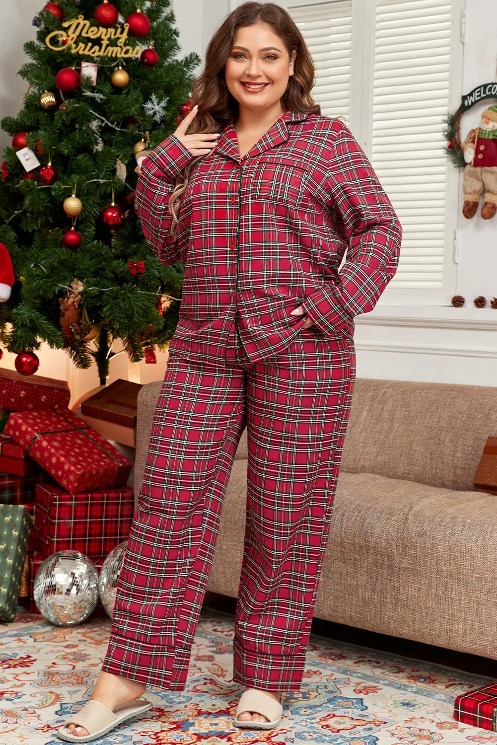 Plaid Collared Neck Top & Pants Lounge Set