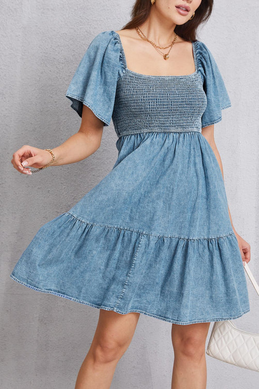 Square Neck Mini Denim Dress