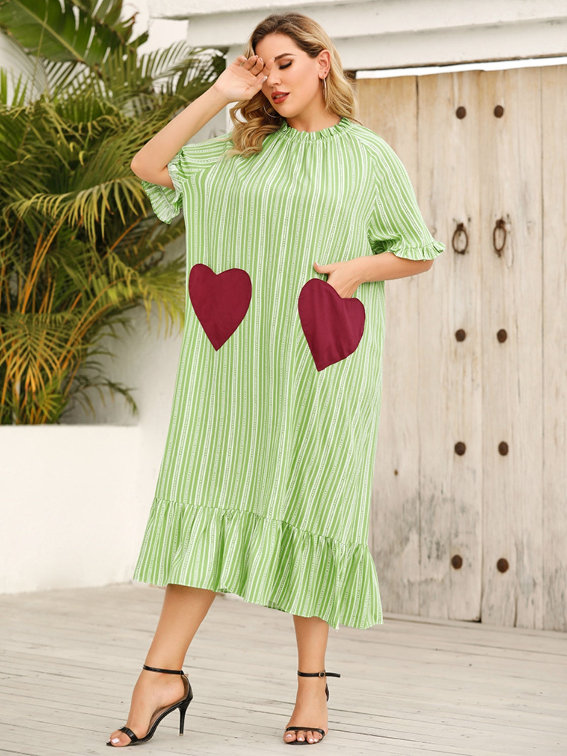 Frill Heart Striped Half Sleeve Dress