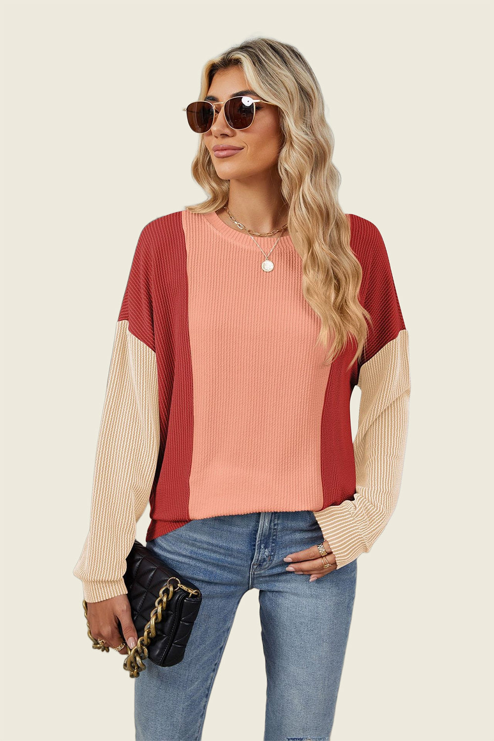 Texture Contrast Long Sleeve T-Shirt