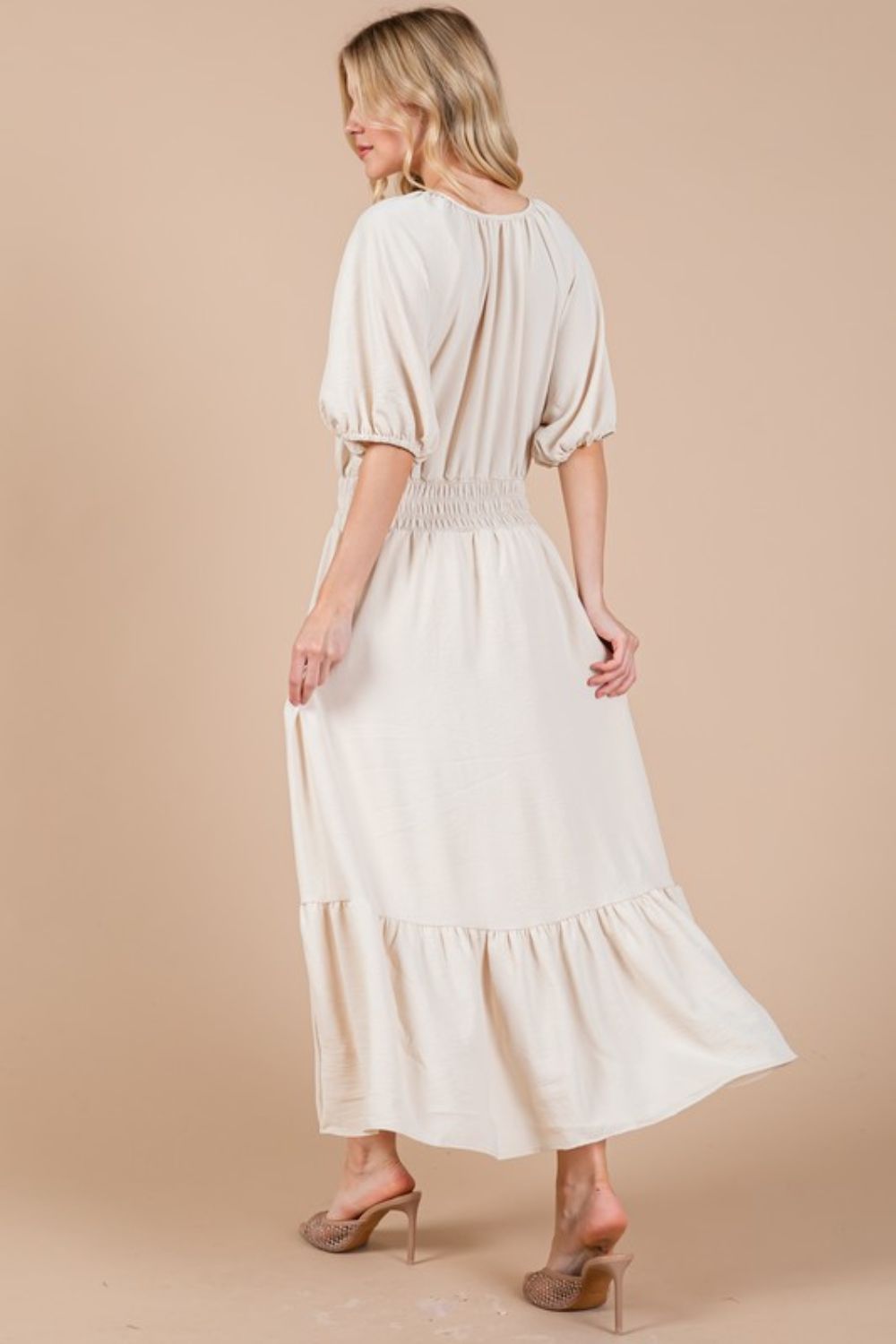 Elastic Waist Tie Neck Puff Sleeve Dress