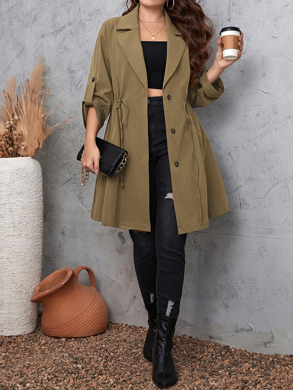 Roll-Tab Sleeve Trench Coat