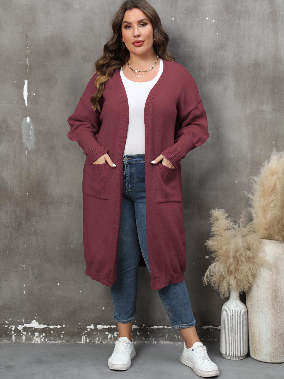 Plus Size Pocketed Cardigan