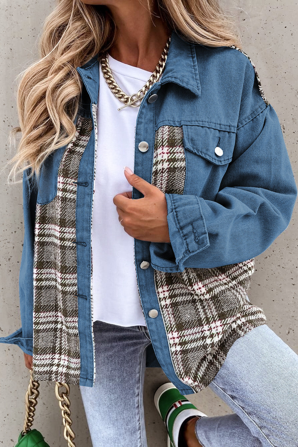 Plaid Button Up Denim Jacket