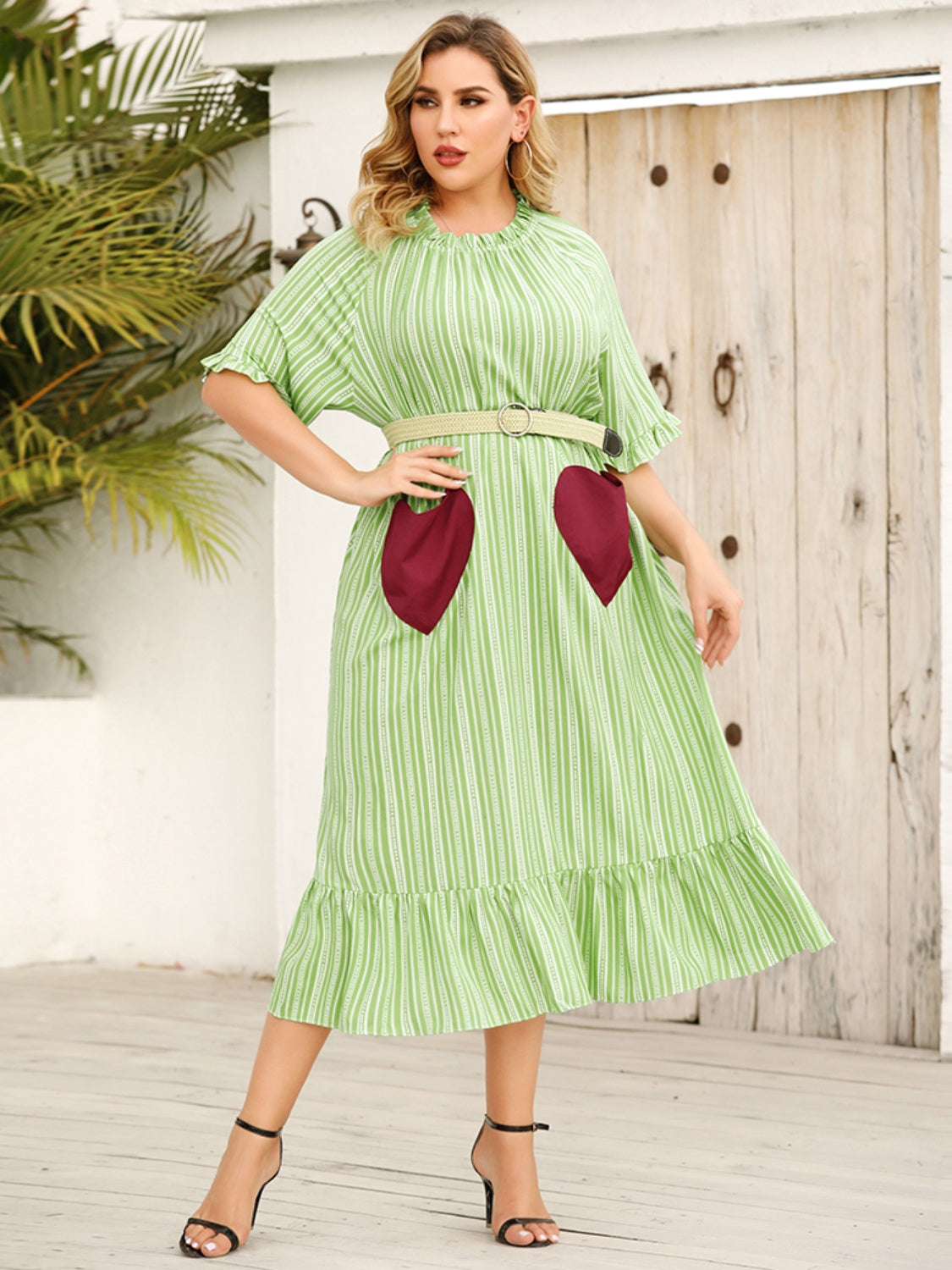 Frill Heart Striped Half Sleeve Dress