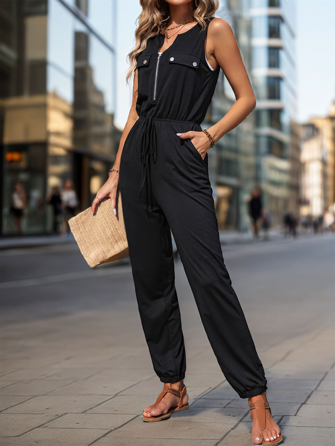 Half Zip Sleeveless Jumpsuit