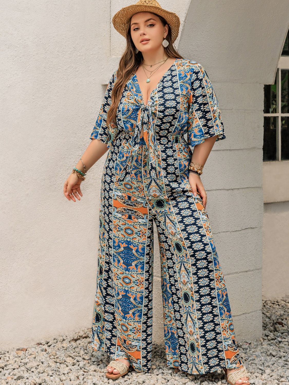 Half Sleeve Wide Leg Jumpsuit