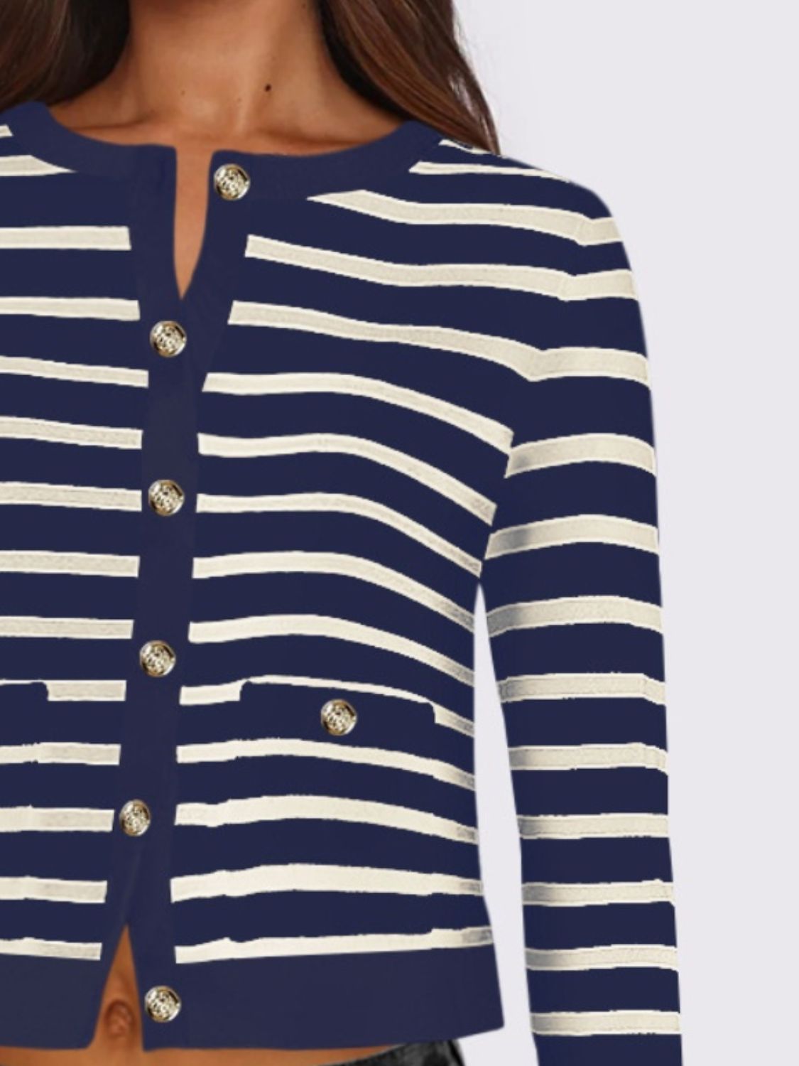 Striped Round Neck Button Up Cardigan