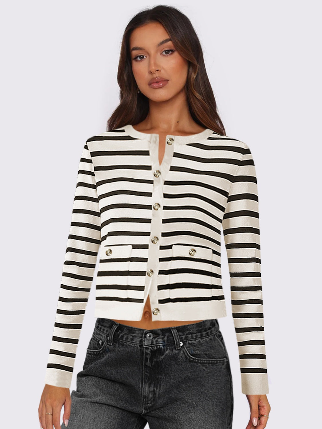 Striped Round Neck Button Up Cardigan