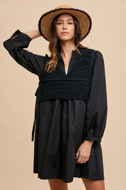 Crochet Vest Notched Long Sleeve Shirt Dress