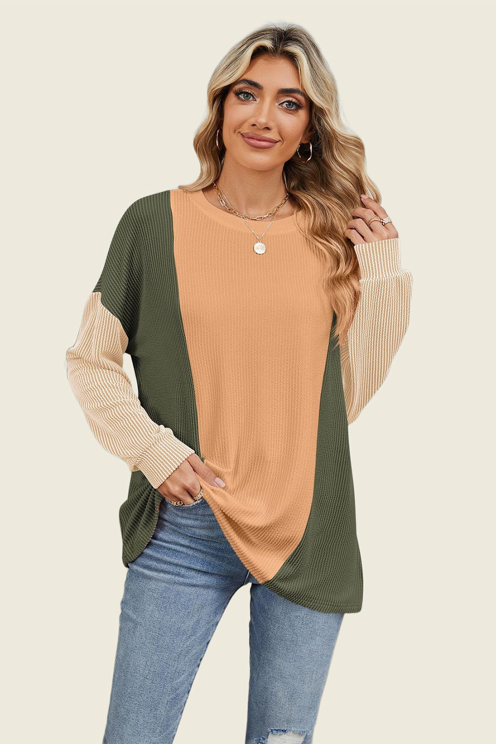 Texture Contrast Long Sleeve T-Shirt