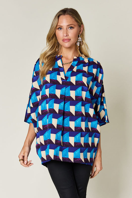 Geometric Notched Half Sleeve Blouse