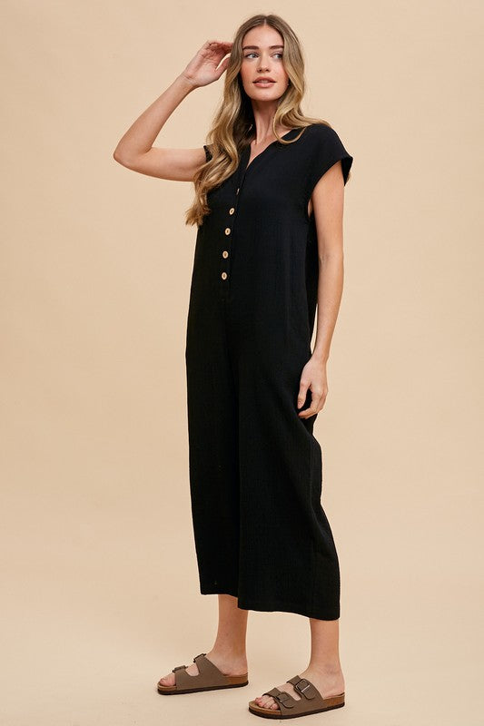 Button Detail Wide Leg Jumpsuit with Pockets