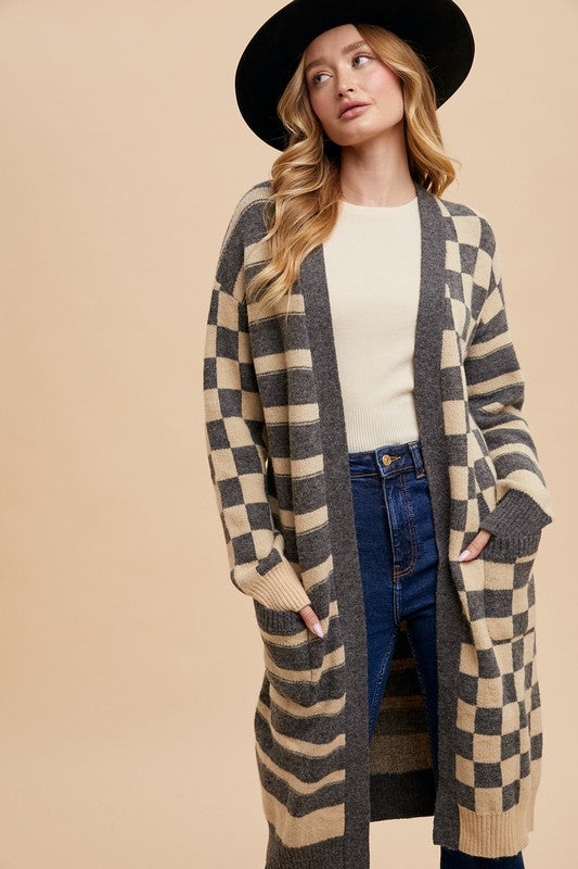 Checkered & Striped  Long Sleeve Cardigan