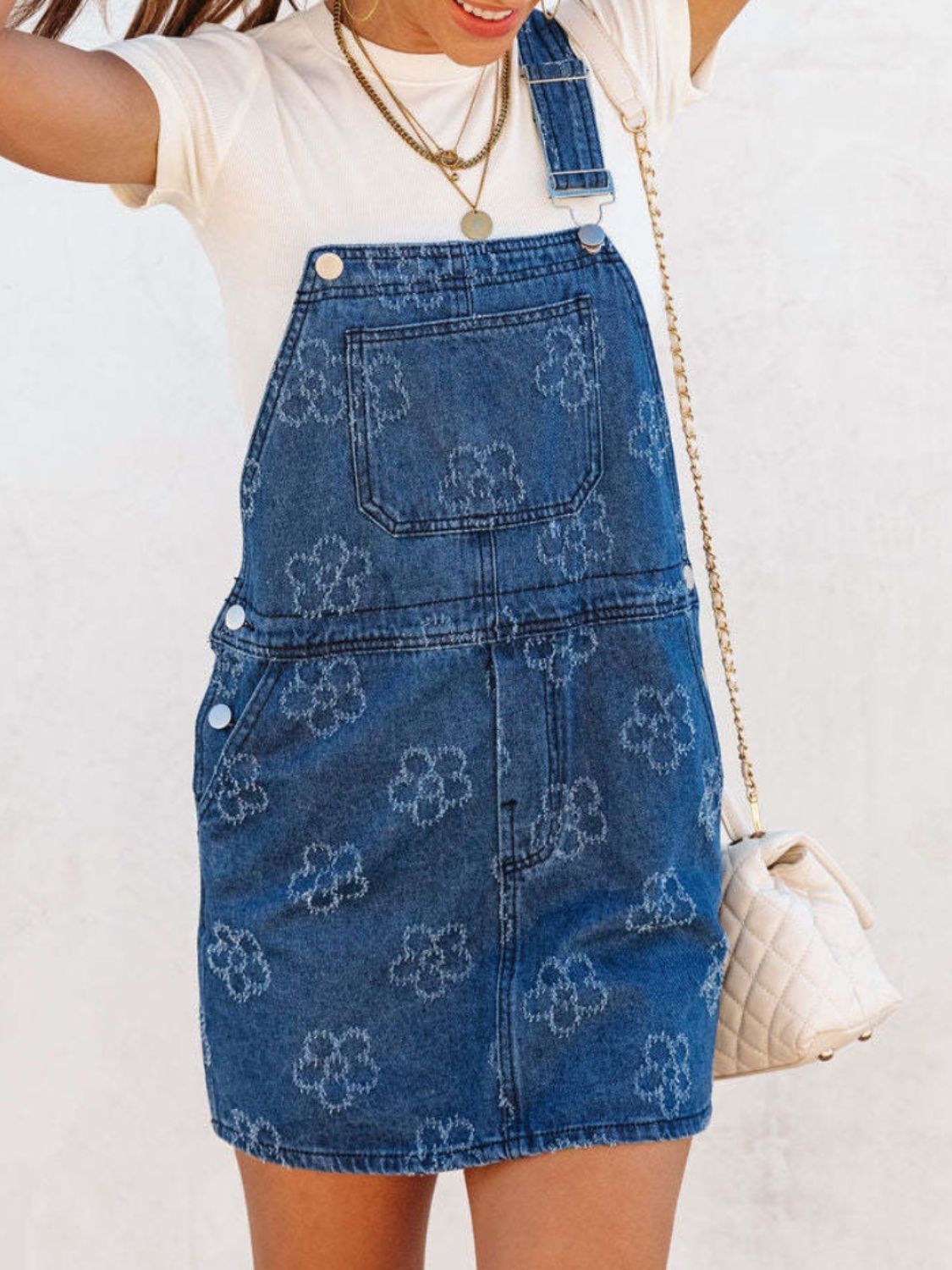 Flower Denim Overall Dress with Pockets