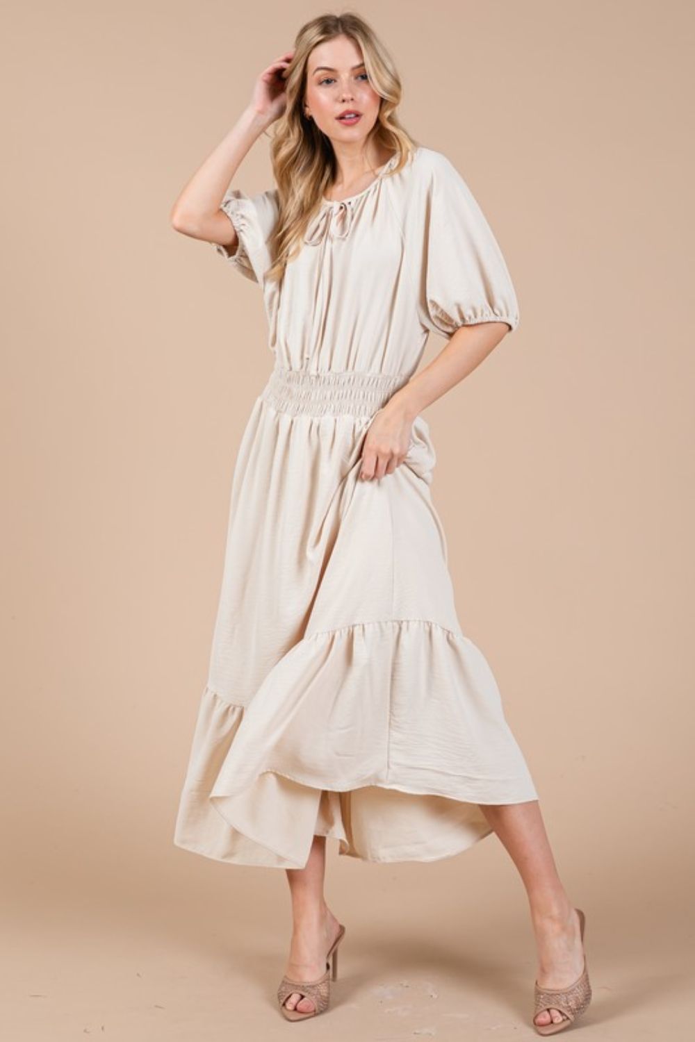 Elastic Waist Tie Neck Puff Sleeve Dress