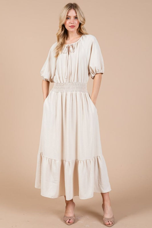 Elastic Waist Tie Neck Puff Sleeve Dress