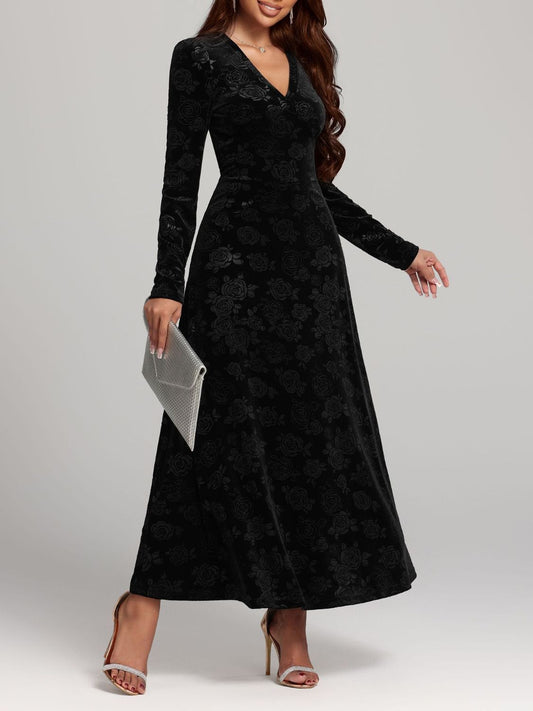 Rose V-Neck Long Sleeve Dress