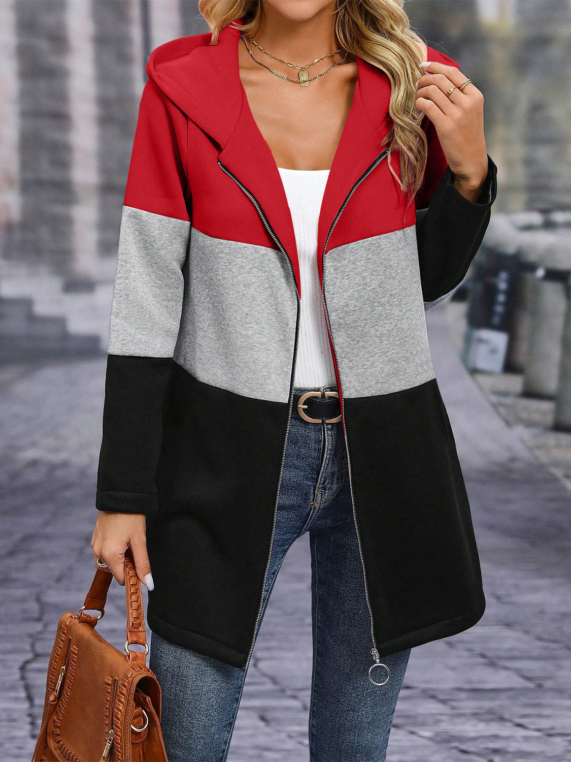 Color Block Zip Up Hooded Outerwear