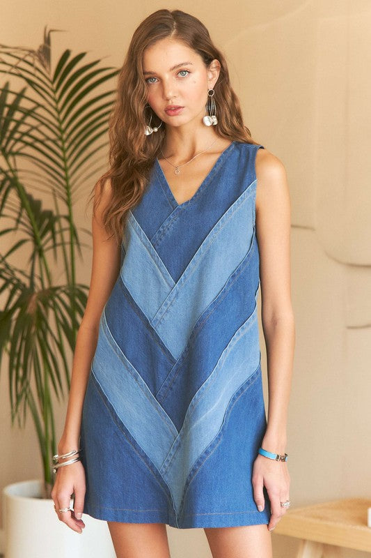 Chevron Color Block Denim Dress