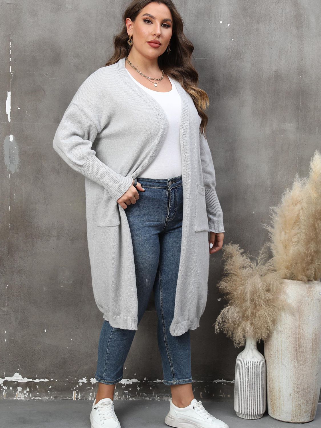 Plus Size Pocketed Cardigan