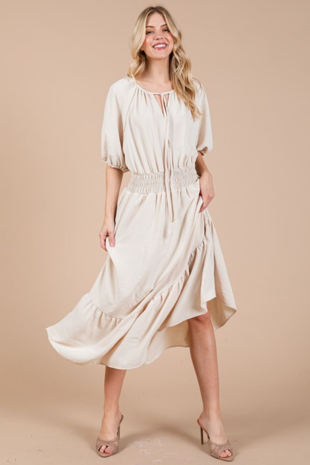 Elastic Waist Tie Neck Puff Sleeve Dress