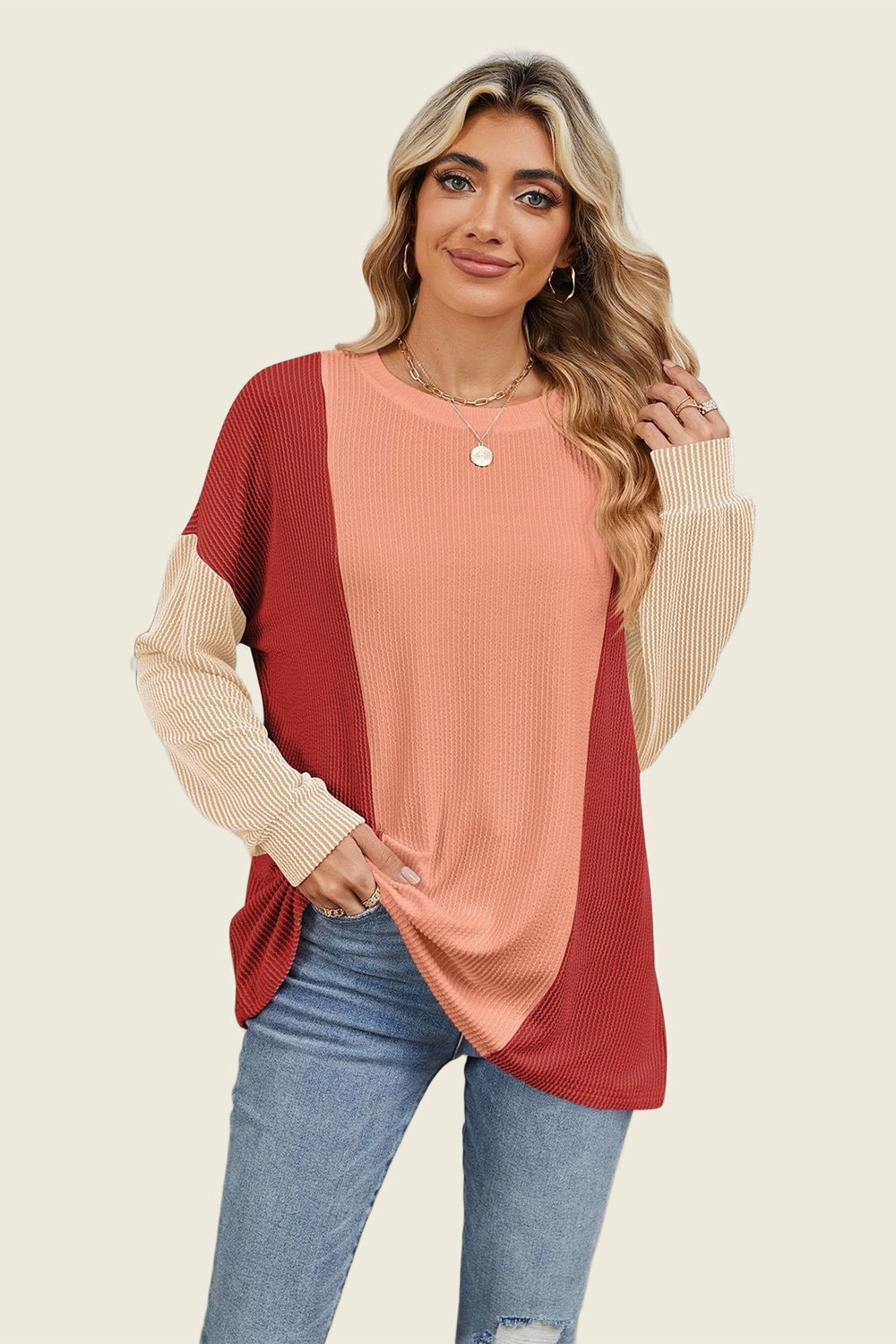 Texture Contrast Long Sleeve T-Shirt