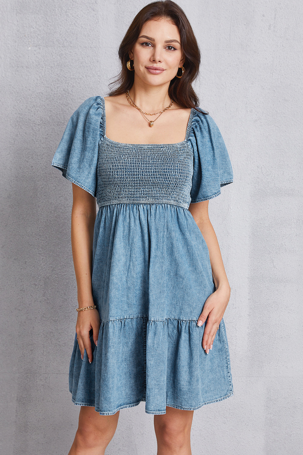 Square Neck Mini Denim Dress