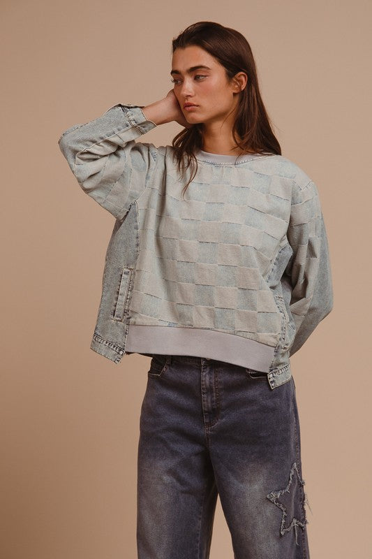 Washed Checkered Round Neck Denim Top