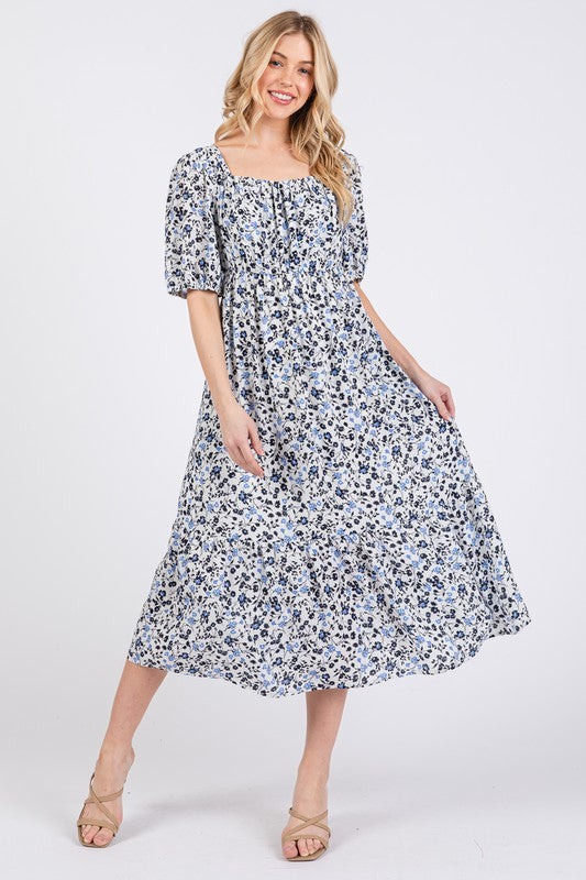 Floral Puff Sleeve Midi Dress