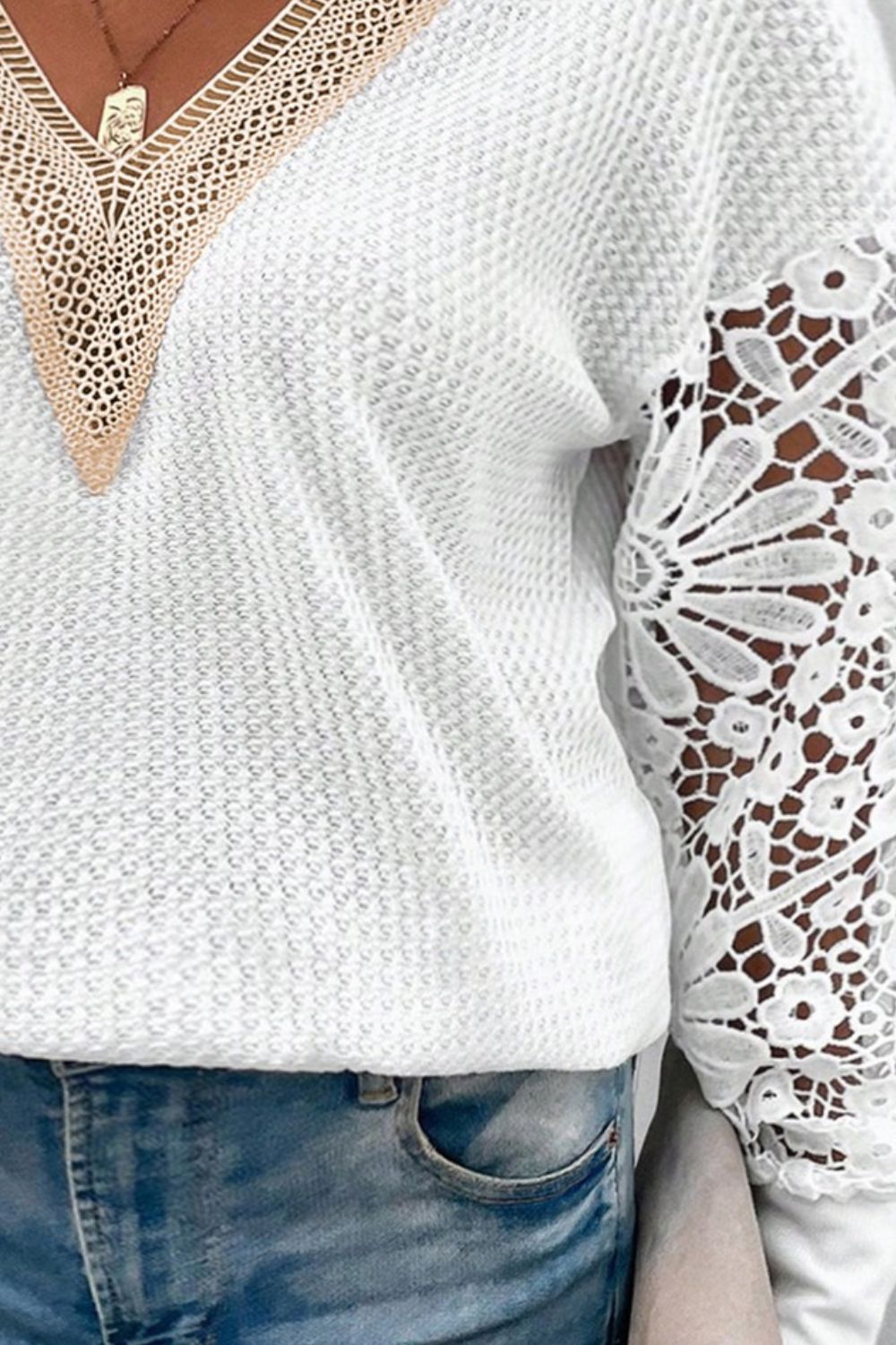 Waffle-Knit Crochet V-Neck Blouse