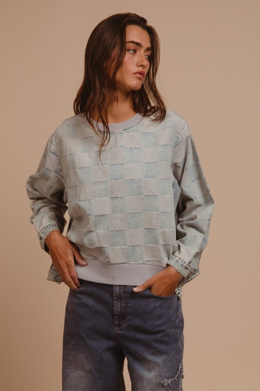 Washed Checkered Round Neck Denim Top