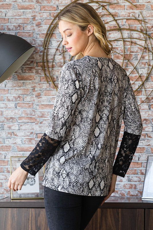 Snakeskin Lace Contrast Top