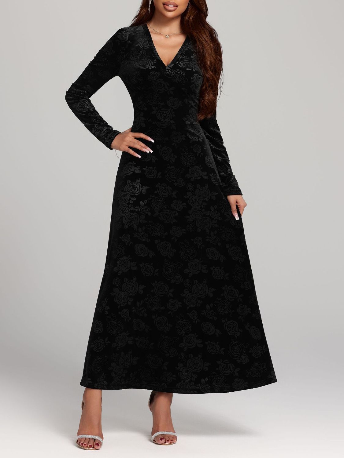 Rose V-Neck Long Sleeve Dress