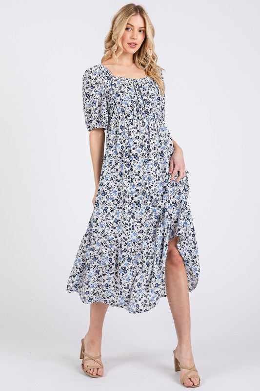 Floral Puff Sleeve Midi Dress