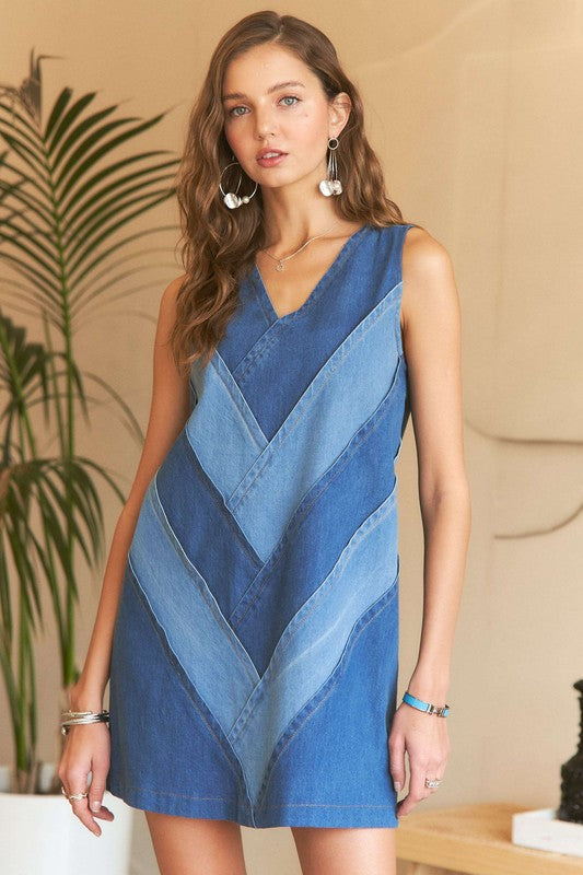 Chevron Color Block Denim Dress