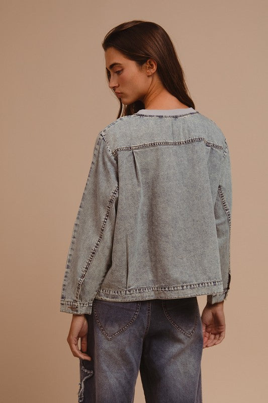 Washed Checkered Round Neck Denim Top